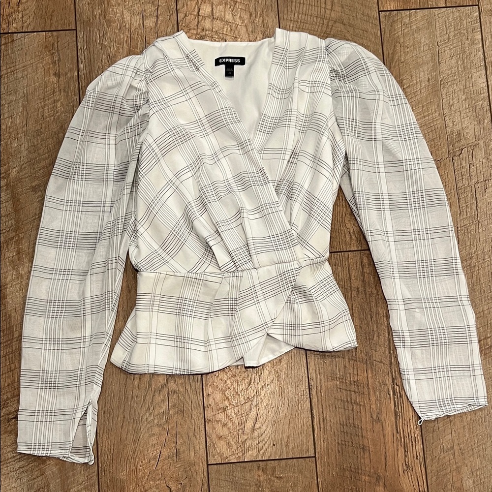 Express Women's White Checkered Wrap Blouse